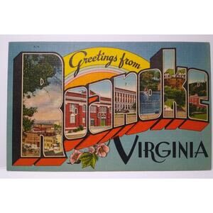 Greetings From Roanoke Virginia Large Big Letter Linen Postcard Buildings Unused